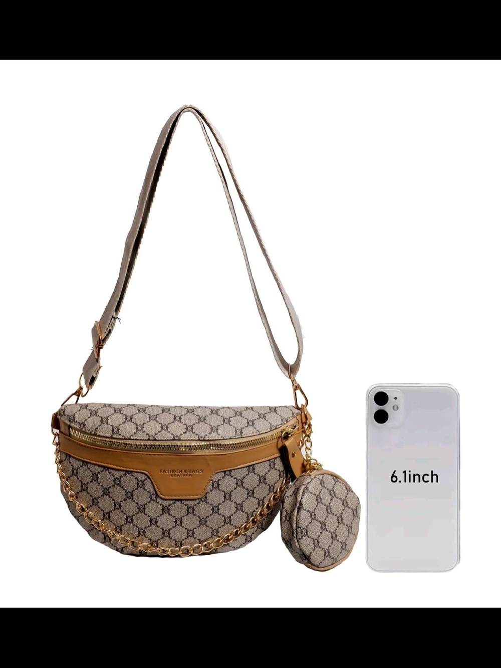 Designer-Style Beige Crescent Crossbody Bag with Coin Pouch